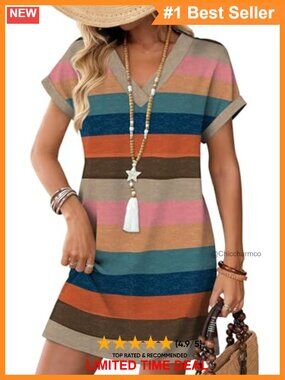 WIHOLL T-Shirt Dress V-Neck Short Sleeve Midi Casual Beach Vacay Dress